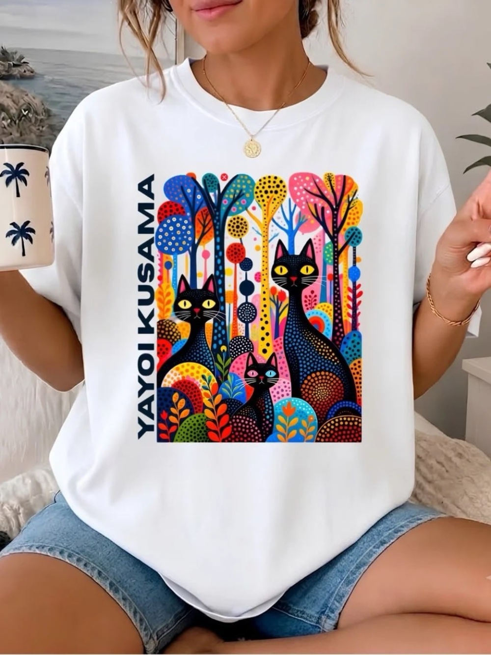 White Tee with Multicolor Cat and Forest Graphic